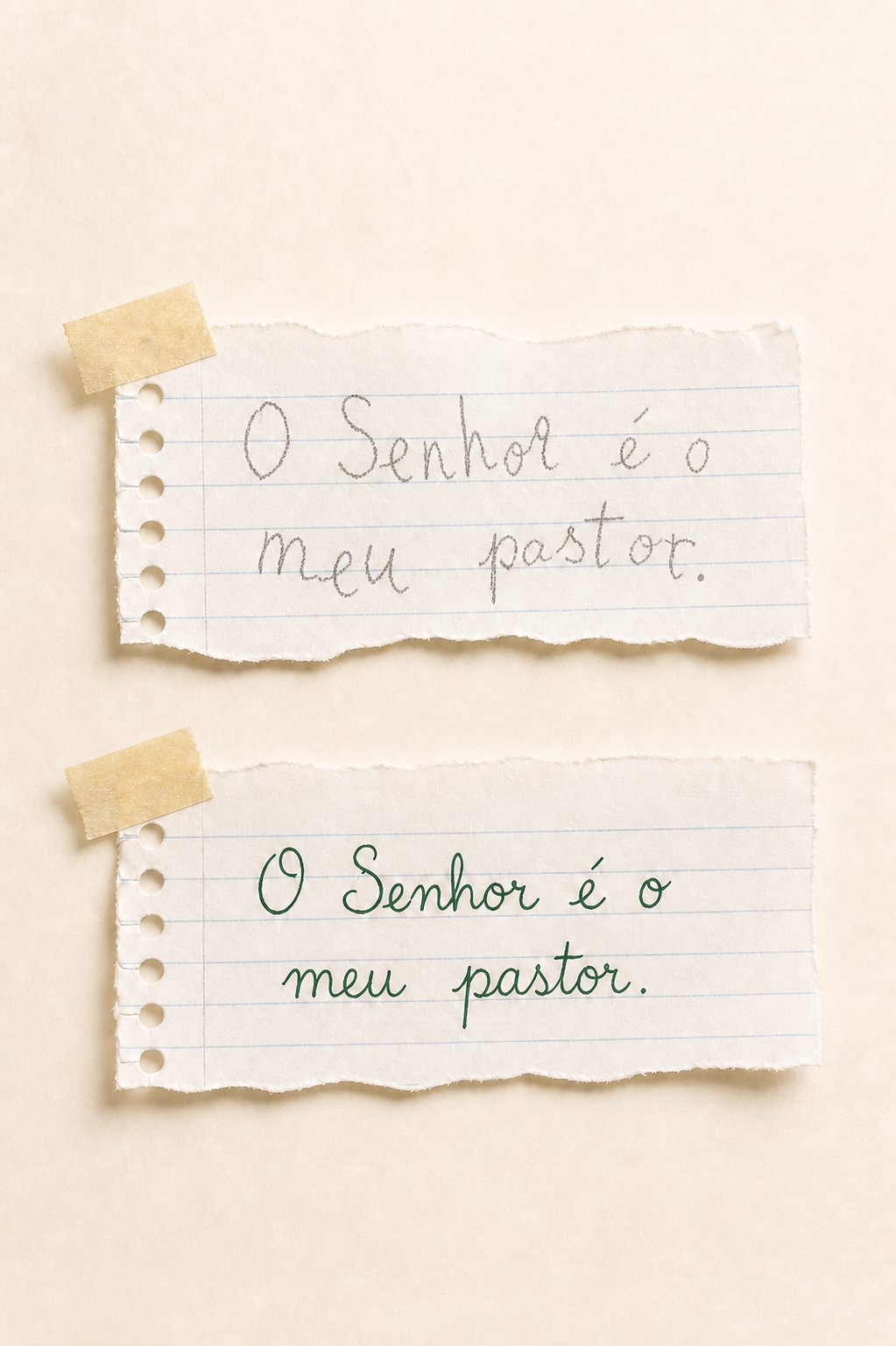 Exemplo ilustrativo de uma escrita infantil antes da prática guiada e depois com traços mais regulares