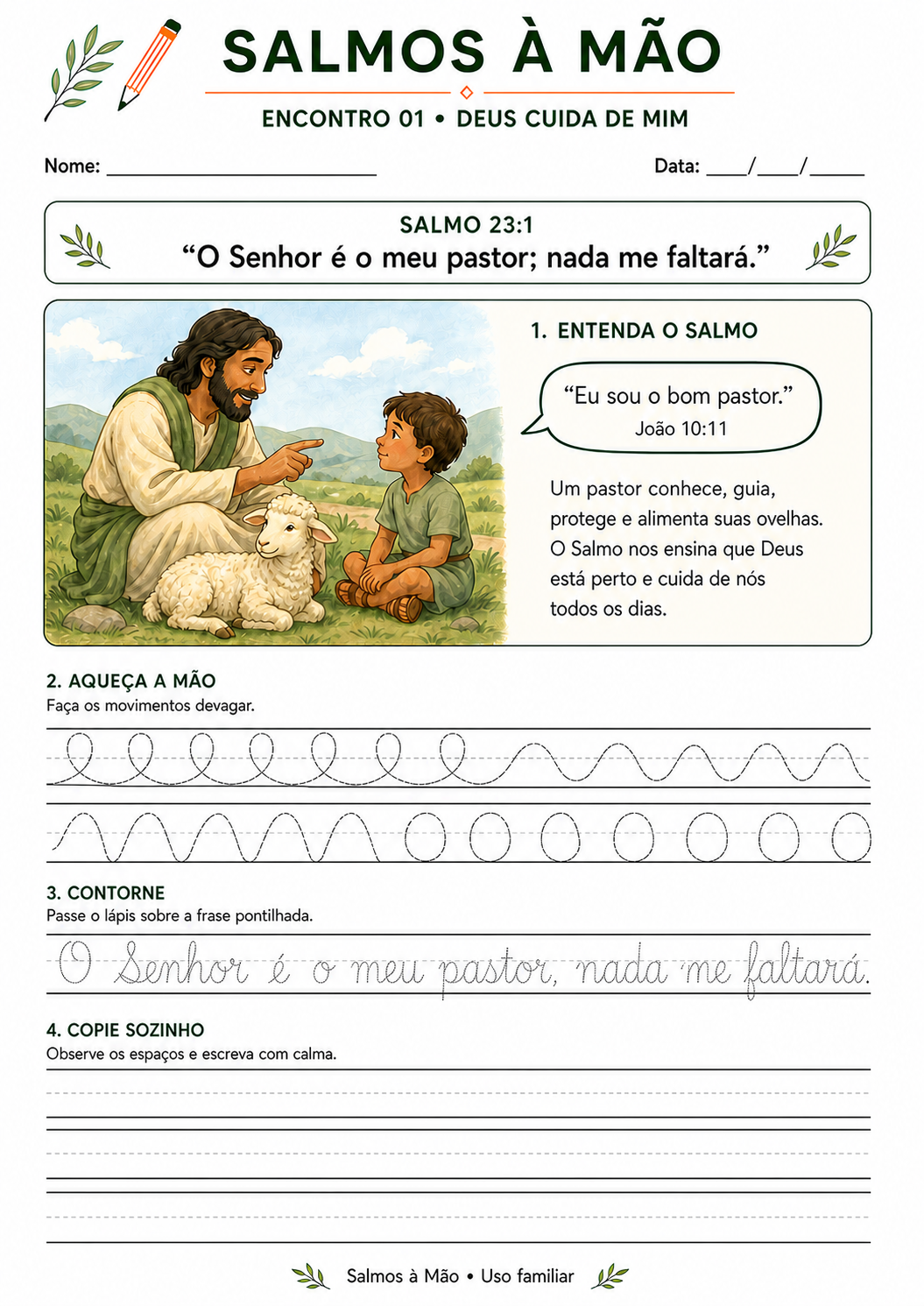 Página completa do encontro 1 do Salmos à Mão sobre o cuidado de Deus